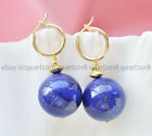 Natural Blue Lapis Lazuli Round Gemstone Beads Dangle Gold Leverback Earrings