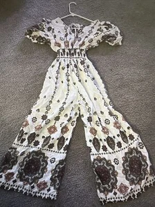 Women’s Floral And White Romper Jumpsuit Wide Leg One Piece Large - Picture 1 of 6