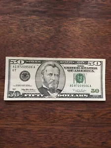 1996 50 DOLLAR BILL-FEDERAL RESERVE NOTE-CHICAGO DISTRICT G/7 #5 - Picture 1 of 6