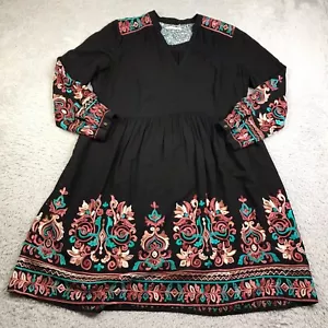 Floreat Anthrpologie Avery Dress Womens L Black Embroidered Peasant Long Sleeve - Picture 1 of 13