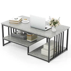 Faux Marble Coffee Table with Wide Tabletop & Open Shelf for Living Room - Picture 1 of 8