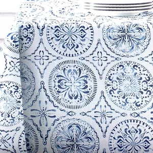 Tommy Bahama Blue White Circle Medallion Watercolor 70" Round Tablecloth Summer