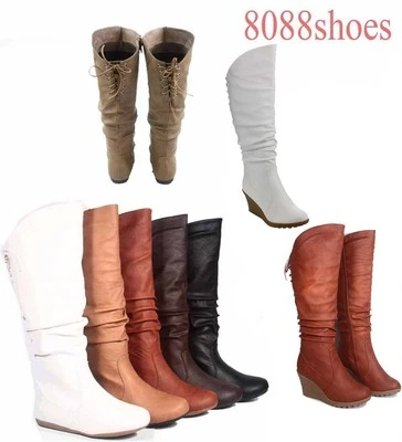 Zapatos bota hasta la rodilla de encaje con cremallera punta redonda de cuña plana para mujer talla 5-10 Foto 1 de 3