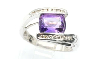 Diamond & Amethyst Ring 14k White Gold Channel Set Emerald Cut - Picture 1 of 6