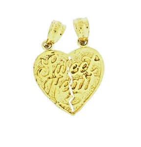 Sweet Heart Split Break 2 Pieces Heart Pendant Charm New Real 14k Yellow Gold - Picture 1 of 4