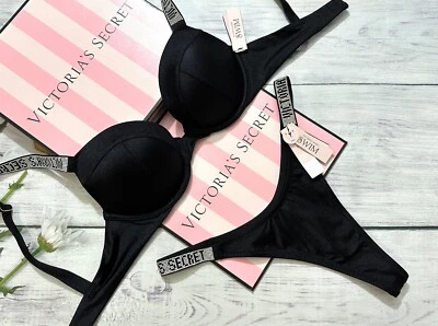 VICTORIA'S SECRET SWIM Shine Strap Sexy Tee Push-Up Bikini Thong Set BLACK - Image 1 of 4