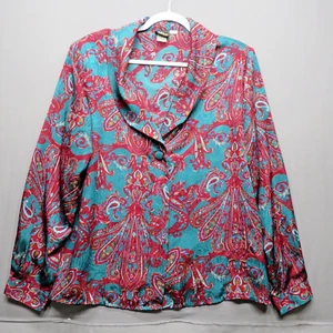 VTG PYKE LIMITED PADDED SHOULDER PAISLEY PRINT BUTTON SHAWL NECK BLOUSE LARGE - Picture 1 of 10