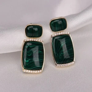 Natural Green Malachite Stone Rectangular Dangle Zircon Paved Stud Earrings - Picture 1 of 11