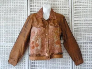 Art-to-Wear Coldwater Creek verzierte Herbst Zimt Glanz Rohseide Jacke ~ S - Bild 1 von 12