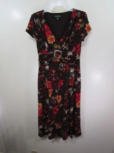 Perceptions Dress Size 8 Petite Black Red Orange V Neck Buckle Short Sleeve - Picture 1 of 6