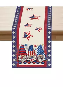 100% Polyester Table Runner 4th of July Patriotic Gnome Table Runner Red Blue - Picture 1 of 3