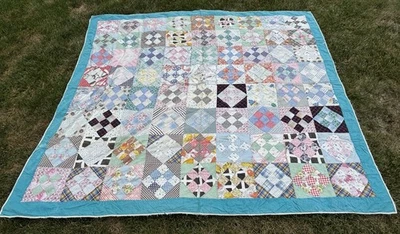 VTG Quilt 1940s Hand Pieced Nine Patch Cotton Feedsack Cutter 80" x 90" - Image 1 of 4