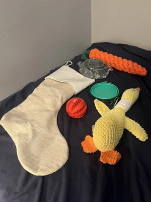 Pre-Filled Christmas Dog Stocking – Burlap Stocking + 6 Fun Toys & Accessories - Image 1 of 4