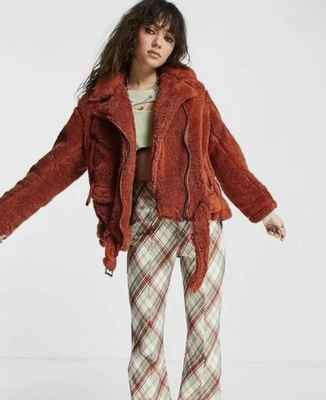 Free People We The Free So Cozy Slouchy Sherpa Moto Jacket Size S Rust Boho - Image 1 of 4