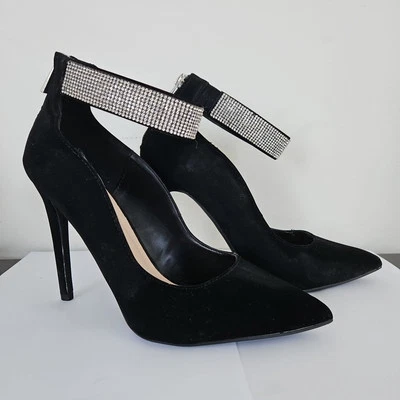 Red Delicious Stiletto Heels Pointy Toe Pumps Zip Back Sparkle Ankle Bands tamanho 9 - Imagem 1 de 4