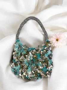 Blue Silver Embellished Shoulder Purse Formal Tropical Boho Fairy Mermaid Glam - Picture 1 of 5