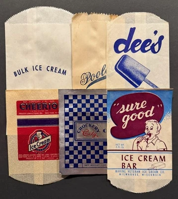 Vintage Lot of 6 Ice Cream Bags,  dee's, Cheerio, Crockery City Wrapper + 1 NOS - Image 1 of 3