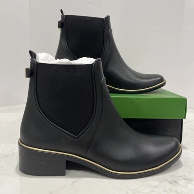 Kate Spade NEW Womens 10 Solstice Ankle Chelsea Rain Boots Black Gold Tone - Image 1 of 4