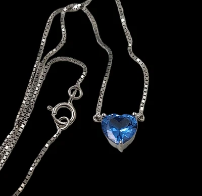 Genuine Sapphire 7.5mm Heart  Pendant 17.75" BOX Chain 925 Sterling Sliver - Image 1 of 4