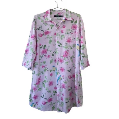 Camisa para dormir Lauren Ralph Lauren con botones rosa floral estampado de pájaros para mujer talla M Foto 1 de 4