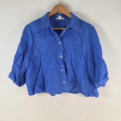 Camisa H&M Mujer Crop Abotonada Talla M Lino Azul Manga Corta Cuello 121541 Foto 1 de 4