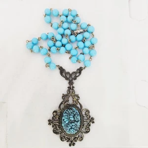 Florenza Vtg Rare Turquoise Robbins Egg Blue Carved Flower Pendant Bead Necklace - Picture 1 of 12