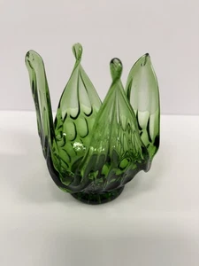Vintage smaragdgrüne geschwungene gezogene Glasschale Daumenabdruck Muster - Bild 1 von 6