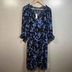 Talbots Smocked Floral Midi Dress Size 1X Black Blue Fragrant Lilac Work Church - Picture 1 of 10