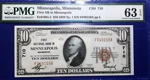 1929 $10 National Bank Note Fr-1801 Ty.1 CH#710 Minneapolis PMG63 Choice Unc - Picture 1 of 4