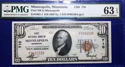 1929 $10 National Bank Note Fr-1801 Ty.1 CH#710 Minneapolis  PMG63EPQ Choice Unc - Image 1 of 4