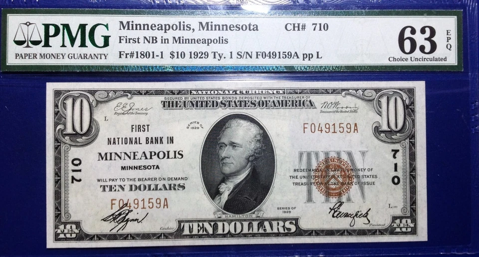 1929 $10 National Bank Note Fr-1801 Ty.1 CH#710 Minneapolis  PMG63EPQ Choice Unc - Image 1 of 2