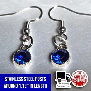 Round Blue Topaz CZ Drop Down Dangle Stainless Steel French Hook Earrings - Picture 1 of 3