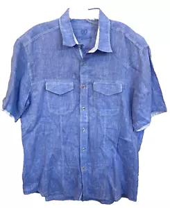 Bugatchi Uomo 100% Linen Shirt Mens Large Shaped Fit Solid Blue Double Pockets - Picture 1 of 9