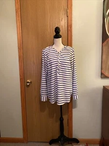 Calvin Klein Large Blue & White w/Stripes & Roll Tab Sleeves Zip-Front Blouse - Picture 1 of 5