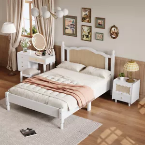 3pcs Set w Full Size Wooden Bed Frame, Nightstand & Makeup Set w Stool, White - Picture 1 of 22