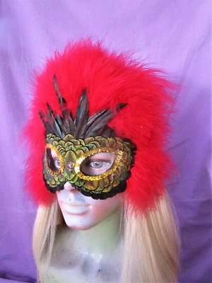 Handmade red marabou surround mask with peacock and coquil accent 1029* - Image 1 of 4