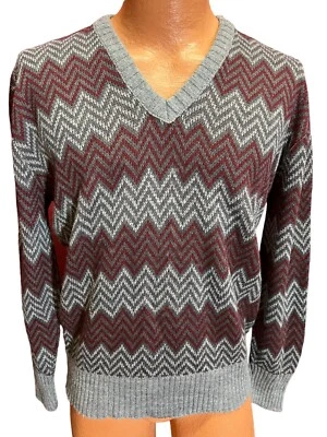 Mens Sz M Vtg 70s CAMPUS Sweater Zig Zag Stripe USA V-Neck CHEVRON Pullover - Image 1 of 4