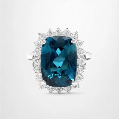 Anillo de boda de oro blanco de 14 quilates corte cojín topacio azul de Londres diamante real de 13,00 quilates Foto 1 de 4