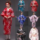 Damen Blumenmuster Japanische Kimono Satin Robe Yukata Geisha Kostüm Show Ball