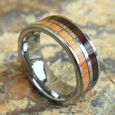Genuine Solid Cocobolo Tulip Wood Tungsten Wedding Ring Band 8mm CRCF-1001-08 - Image 1 of 4