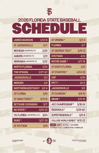 Florida State Seminolen 2026 Baseball Spielplan Poster 11 x 17" FSU Seminolen - Bild 1 von 3