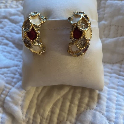 Kenneth Lane Gold Tone Clip On Earrings in  Red & Champagne and Rhinestones Pave - Image 1 of 4