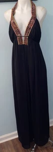 A.B.S. Essentials By Allen Schwartz Sz 12 Black Beaded V-Neck Halter Maxi Dress - Picture 1 of 13