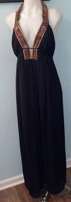 A.B.S. Essentials By Allen Schwartz Sz 12 Black Beaded V-Neck Halter Maxi Dress - Image 1 of 4