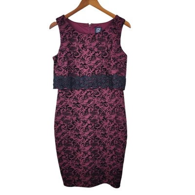 Vestido Jax Terciopelo Jaquard Talla 10 Negro Hasta la Rodilla Borgoña Vino Rojo Encaje Fiesta Foto 1 de 4