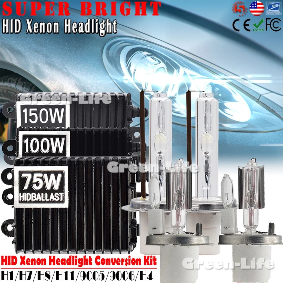 100W/150W Xenon Headlight Conversion KIT H1 H4 H7 H8 H11 9005/6 HB3/4 HID Bulbs - Image 1 of 4