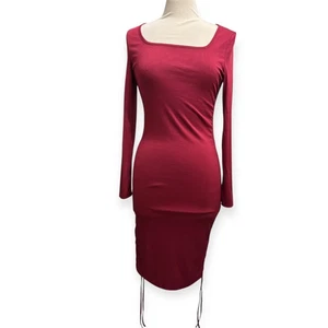Womens Medium Burgundy Midi Dress Bodycon Micro Ribbed Stretch Long sleeve - Picture 1 of 4