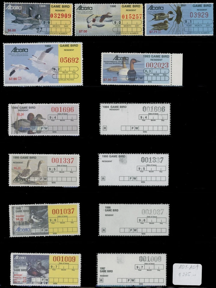 1989-97 CANADA-ALBERTA DUCK HUNTING STAMPS, 9 UNUSED+4 RECEIPTS, VAN DAM AD1-9 - Image 1 of 1