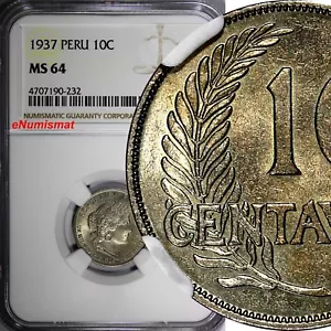 PERU Copper-Nickel 1937 10 Centavos NGC MS64 TOP GRADED BY NGC KM# 214.2 (232) - Picture 1 of 4