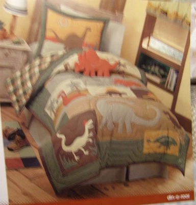 Rare Vtg JC Penny Dinosaurs Reversable Plaid Bedspread Quilt Sham Set Twin HTF - Image 1 of 4